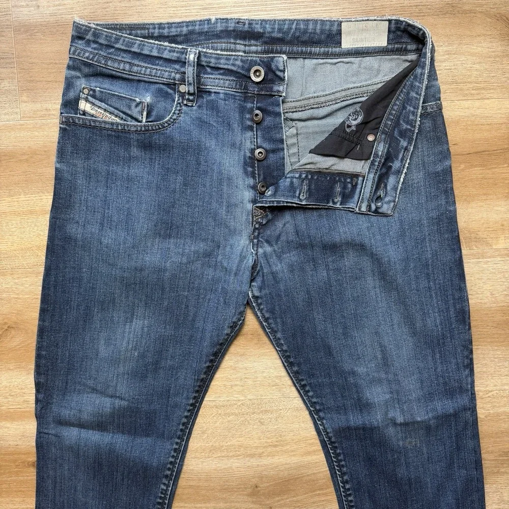 Diesel Buster Jeans Men 31x28 Blue Slim Tapered Stretch Dark Wash 0607A (Hemmed)
